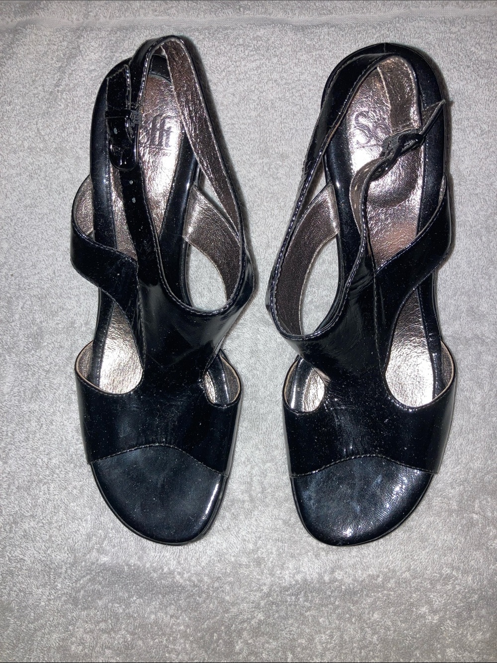 Sofft Black Patent Open-Toe Slingback Wedge Heels
